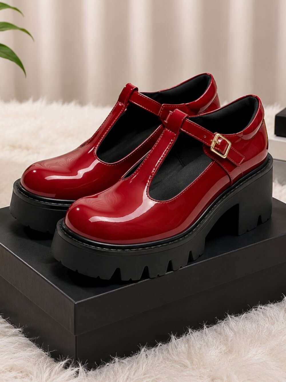 Women's Platform Mary Jane Shoes Red Patent Double Strap Chunky Heel NWT